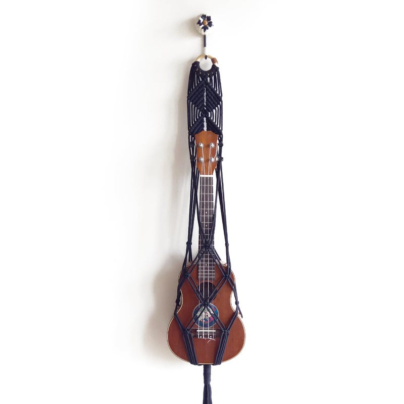 शिल्पShop ShilpShop Black Macrame Ukulele Hanger for Tenor and Concert | Guitar Wall Hanging | Hook Not Included (Black) - Image 1
