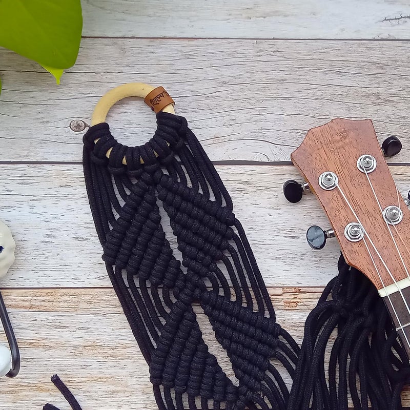 शिल्पShop ShilpShop Black Macrame Ukulele Hanger for Tenor and Concert | Guitar Wall Hanging | Hook Not Included (Black) - Image 2