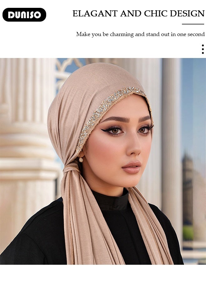 DUNISO Women Hijab Undercap Fashion Solid Color Women Under Scarf Hat Premium Headwear Soft Lady Long Hijab Scarf Lightweight Breathable Hot Diamond Islamic Muslim Hijab for Women Girls（Khaki）  - Image 2