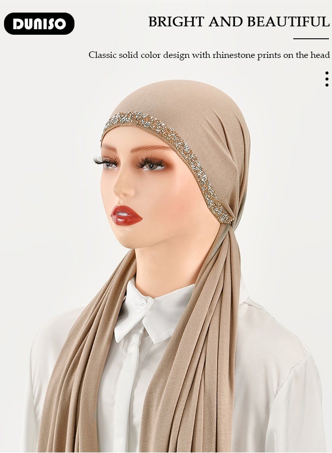 DUNISO Women Hijab Undercap Fashion Solid Color Women Under Scarf Hat Premium Headwear Soft Lady Long Hijab Scarf Lightweight Breathable Hot Diamond Islamic Muslim Hijab for Women Girls（Khaki）  - Image 3