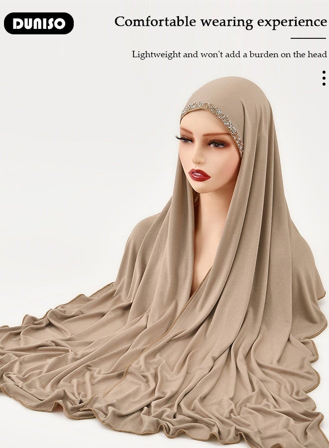 DUNISO Women Hijab Undercap Fashion Solid Color Women Under Scarf Hat Premium Headwear Soft Lady Long Hijab Scarf Lightweight Breathable Hot Diamond Islamic Muslim Hijab for Women Girls（Khaki）  - Image 4