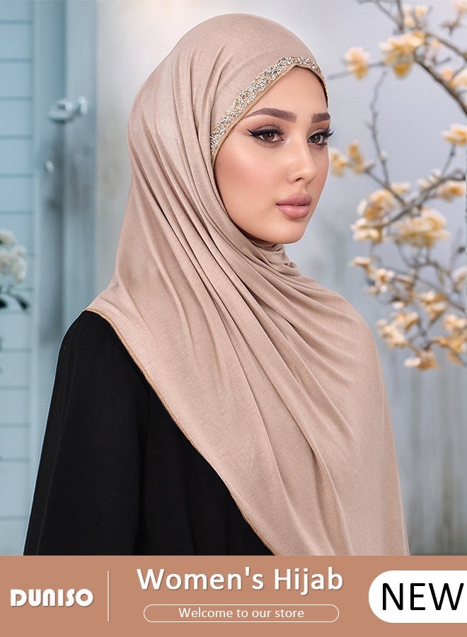 DUNISO Women Hijab Undercap Fashion Solid Color Women Under Scarf Hat Premium Headwear Soft Lady Long Hijab Scarf Lightweight Breathable Hot Diamond Islamic Muslim Hijab for Women Girls（Khaki）  - Image 1