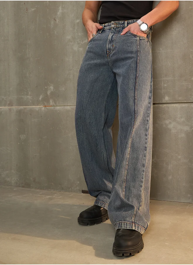 SASSAFRAS Washed Front Pintuck Detail Wide Leg Jeans