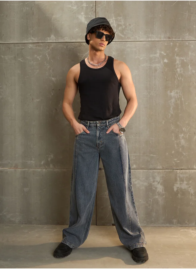 SASSAFRAS Washed Front Pintuck Detail Wide Leg Jeans