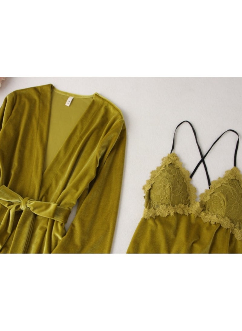 KUYING New Two Piece Golden Velvet Sleepwear Set - Image 3