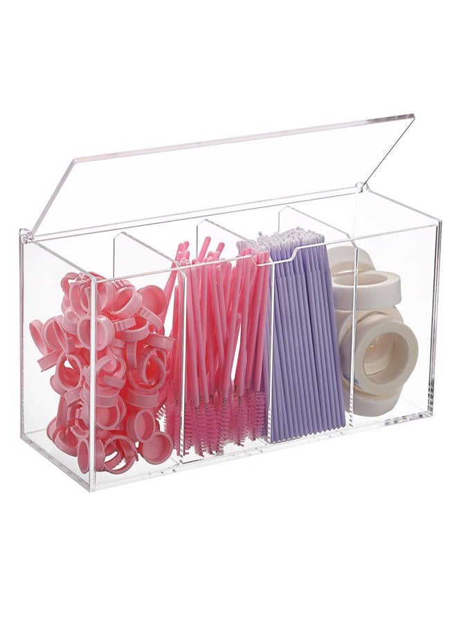 ELLDOO Lash Extension Organizer Box with Lid, Acrylic Eyelash Supplies Organizer Storage Box, 4 Compartments Bathroom Supplies Storage Container for Cotton Swabs, Balls, Pads, Floss Picks - Image 1