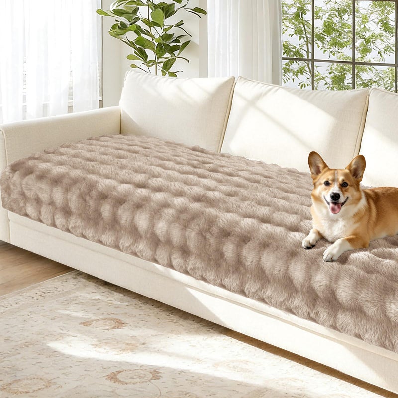 Arfntevss Couch Cover for Dogs Plush Washable Sofa Covers for 3 Cushion Couch Pet Friendly Fuzzy Faux Fur Sofa Slipcovers 3 Seat Anti-Slip Sectional Furniture Protector (Velvety Khaki, 35.5" x 71") - Image 1