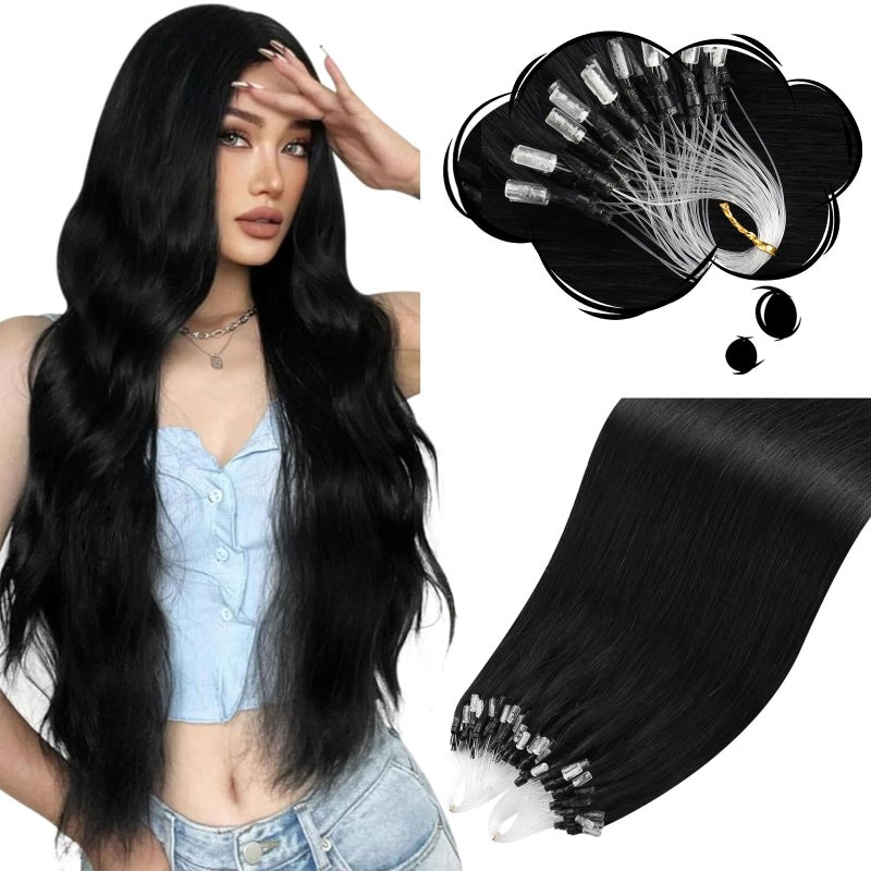 Moresoo Micro Loop Hair Extensions Real Human Hair Jet Black Micro Beads Extensions Human Hair 16 inch Micro Link Hair Extensions Human Hair Black 50G50S