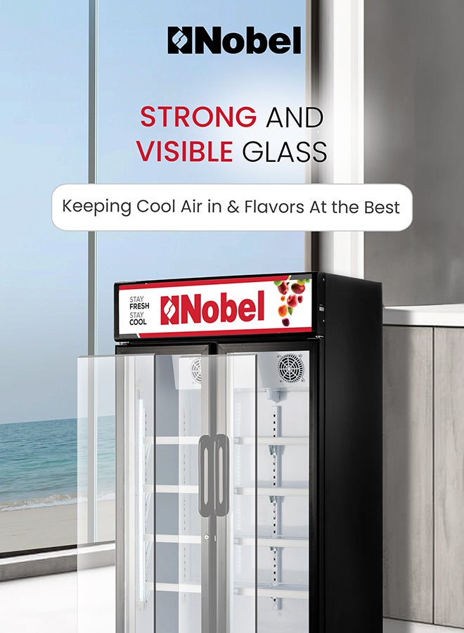 Nobel 600L Gross/ 483L Net Capacity Upright Double Door Showcase Chiller, Quick Cooling, Low E Glass Doors, Low Noise & Low Voltage Consumption, Digital Controller, R290 Refrigerant 600 L 390 W NSF800I Black - Image 4