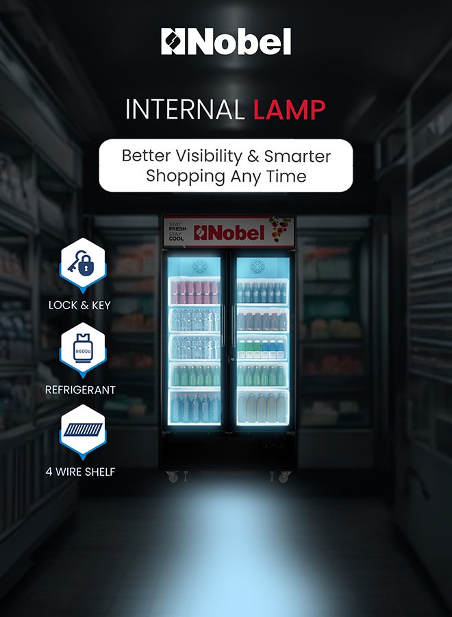 Nobel 600L Gross/ 483L Net Capacity Upright Double Door Showcase Chiller, Quick Cooling, Low E Glass Doors, Low Noise & Low Voltage Consumption, Digital Controller, R290 Refrigerant 600 L 390 W NSF800I Black - Image 5