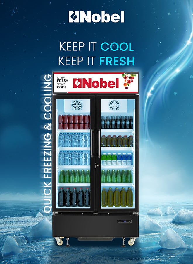 Nobel 600L Gross/ 483L Net Capacity Upright Double Door Showcase Chiller, Quick Cooling, Low E Glass Doors, Low Noise & Low Voltage Consumption, Digital Controller, R290 Refrigerant 600 L 390 W NSF800I Black - Image 3