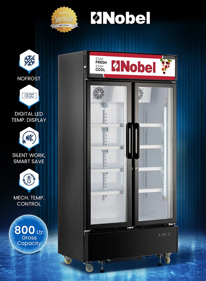 Nobel 600L Gross/ 483L Net Capacity Upright Double Door Showcase Chiller, Quick Cooling, Low E Glass Doors, Low Noise & Low Voltage Consumption, Digital Controller, R290 Refrigerant 600 L 390 W NSF800I Black - Image 2