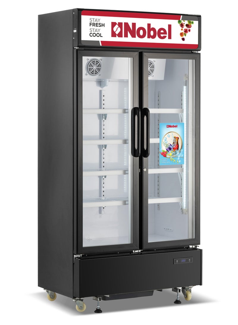 Nobel 600L Gross/ 483L Net Capacity Upright Double Door Showcase Chiller, Quick Cooling, Low E Glass Doors, Low Noise & Low Voltage Consumption, Digital Controller, R290 Refrigerant 600 L 390 W NSF800I Black - Image 1
