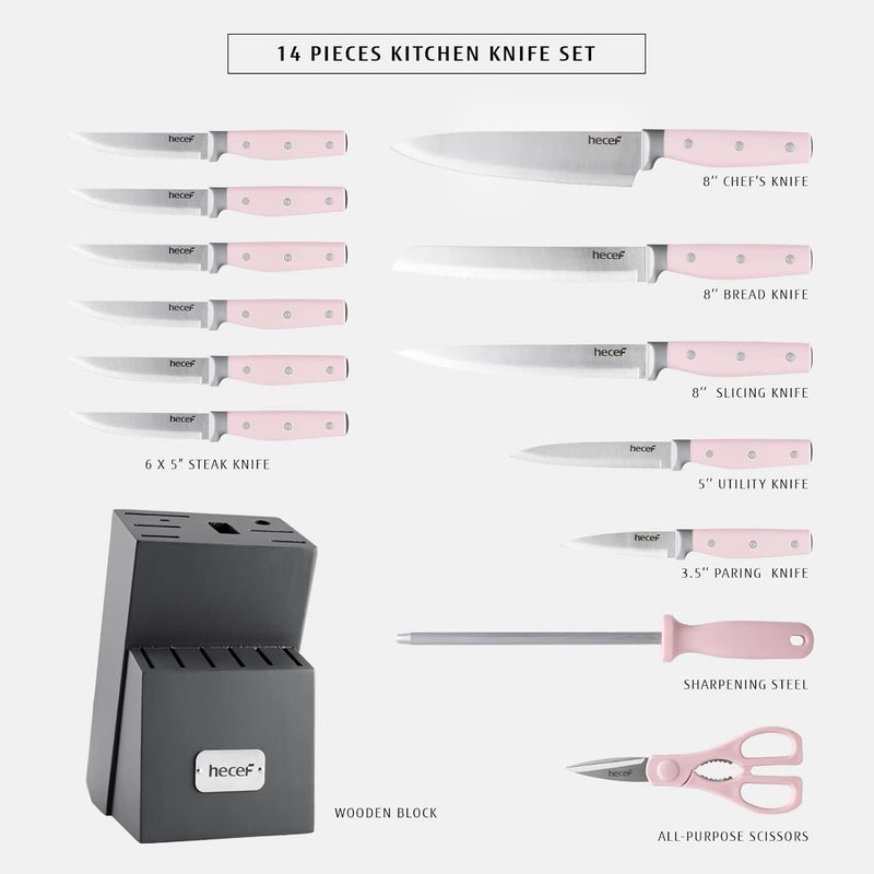 hecef Kitchen Knife Block Set, 14 Pieces Knife Set with Wooden Block & Sharpener Steel & All-purpose Scissors, High Carbon Stainless Steel Cutlery Set (Pink) - Image 2