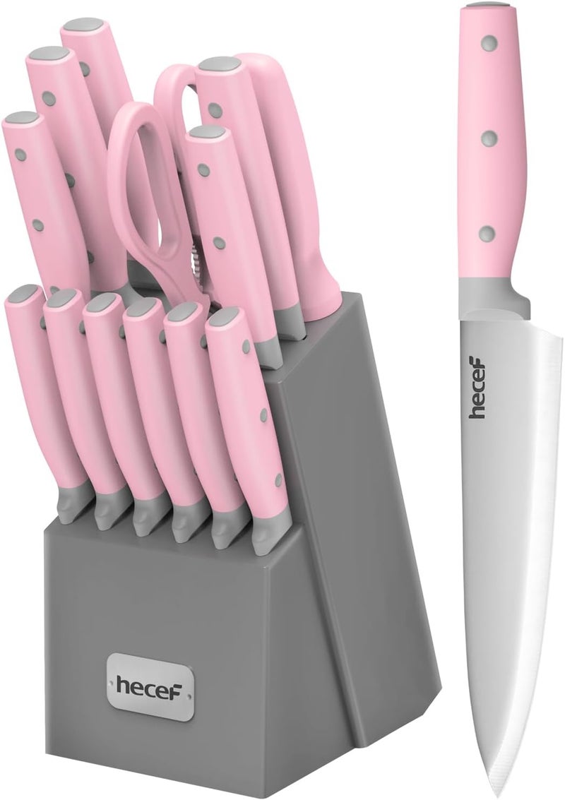 hecef Kitchen Knife Block Set, 14 Pieces Knife Set with Wooden Block & Sharpener Steel & All-purpose Scissors, High Carbon Stainless Steel Cutlery Set (Pink) - Image 1