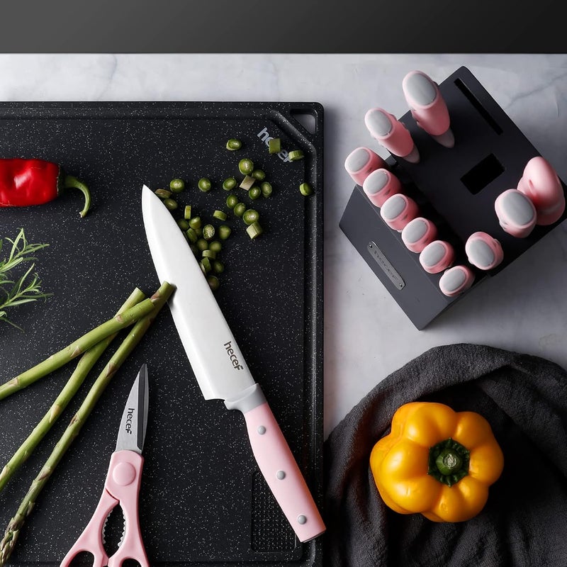 hecef Kitchen Knife Block Set, 14 Pieces Knife Set with Wooden Block & Sharpener Steel & All-purpose Scissors, High Carbon Stainless Steel Cutlery Set (Pink) - Image 5