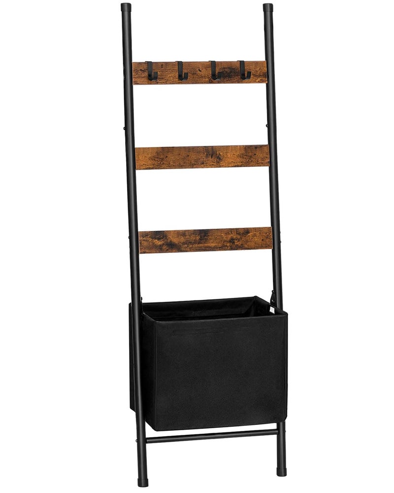 HOOBRO Blanket Ladder with Basket, 17.3â€L x 63.4â€H, Towel Rack with Hooks, Blanket Holder Rack, Decorative Ladder Shelf, Drying and Display Rack for Bathroom, Living Room, Rustic Brown BF31CJ01 - Image 1