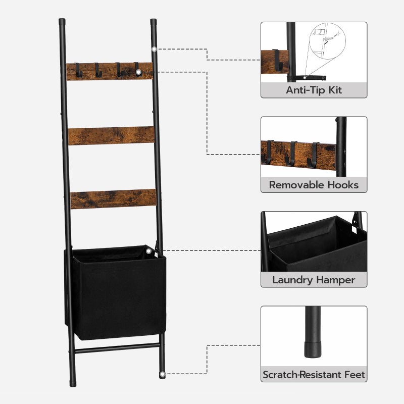 HOOBRO Blanket Ladder with Basket, 17.3â€L x 63.4â€H, Towel Rack with Hooks, Blanket Holder Rack, Decorative Ladder Shelf, Drying and Display Rack for Bathroom, Living Room, Rustic Brown BF31CJ01 - Image 5