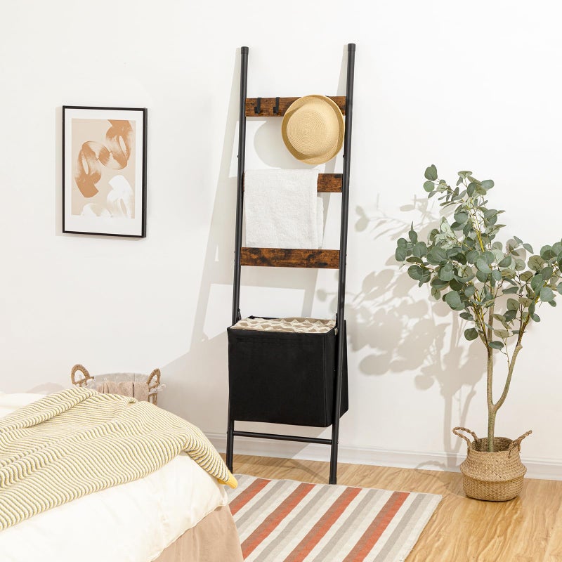 HOOBRO Blanket Ladder with Basket, 17.3â€L x 63.4â€H, Towel Rack with Hooks, Blanket Holder Rack, Decorative Ladder Shelf, Drying and Display Rack for Bathroom, Living Room, Rustic Brown BF31CJ01 - Image 4