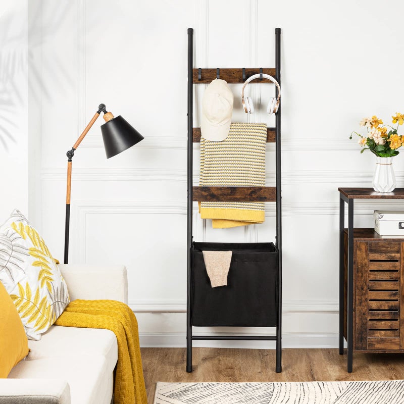 HOOBRO Blanket Ladder with Basket, 17.3â€L x 63.4â€H, Towel Rack with Hooks, Blanket Holder Rack, Decorative Ladder Shelf, Drying and Display Rack for Bathroom, Living Room, Rustic Brown BF31CJ01 - Image 2