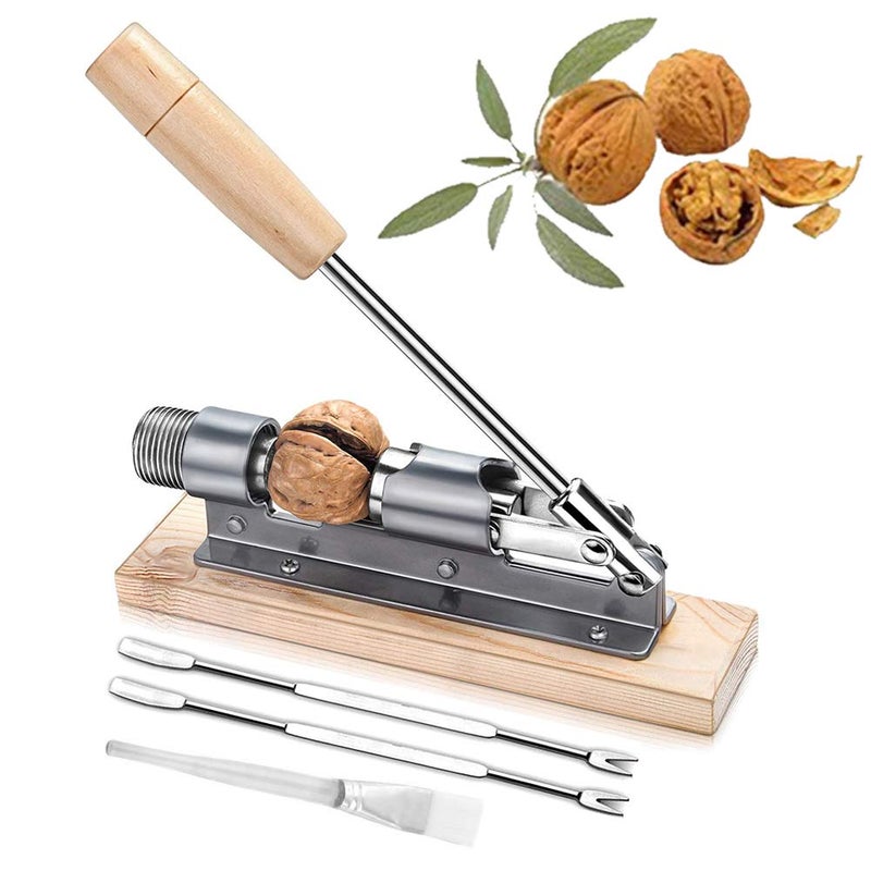 EGETOTA Nutcracker Heavy Duty Pecan Walnut Cracker Plier Opener Tool for Easy Cracking Nuts Hazelnuts Almonds Chestnut Desktop Wood Base with Handle  2 Picks  1 Cleaning Brush