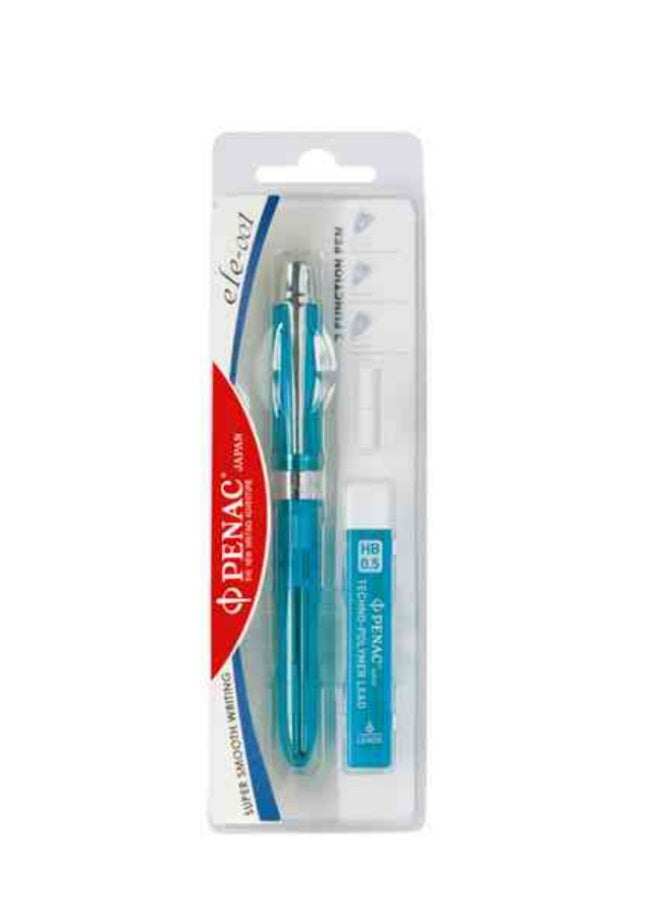 3-in-1 Multifunctional Pen (Blue, Red, Pencil) 2 Eraser + Replacement Tip, Blue Exterior, Made in Japan