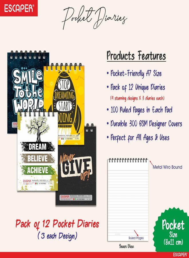 ESCAPER Pocket Diary A7 Size (10.5 x 7.5 cm) – Pack of 12 Mini Notepads, 100 Ruled Pages Front Back Printed, Designer Wiro-Bound Pocket Notebooks for Notes, Office, Kids, Men, Women, Girls (Motivational) - Image 2