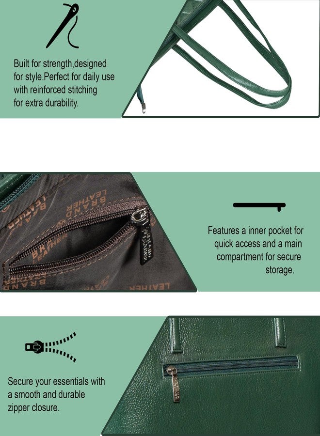 BRAND LEATHER Full-Grain Leather Top-Handle Satchel Tote Handbag for Women, Office Use, 41.9 x 28.9 x 12.9 cm (GREEN) - Image 5