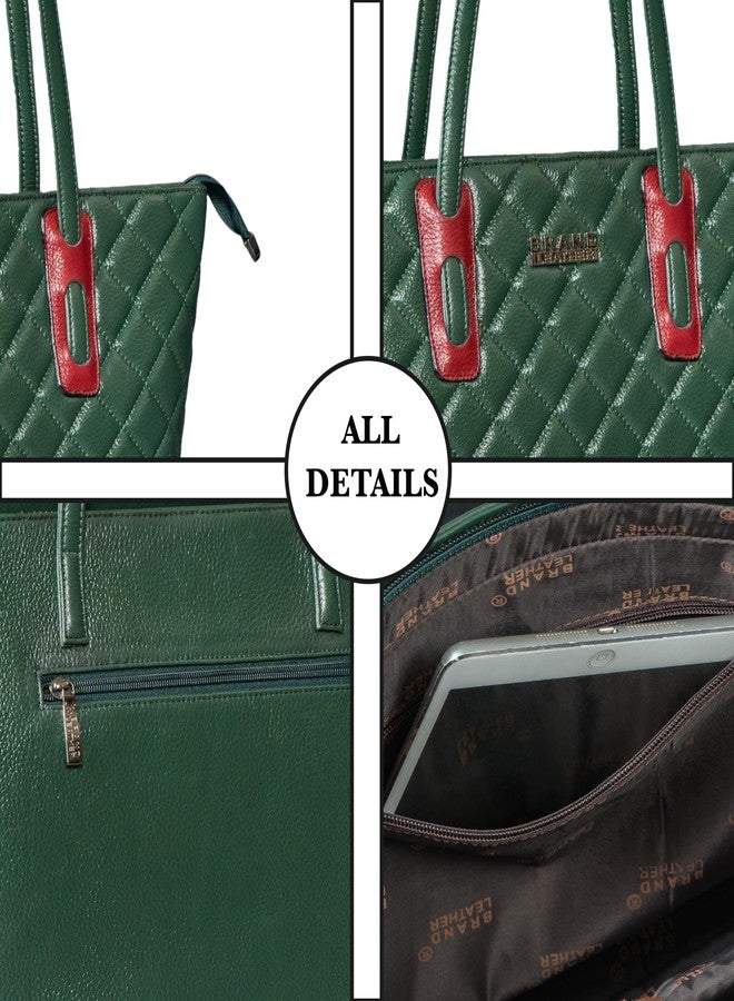 BRAND LEATHER Full-Grain Leather Top-Handle Satchel Tote Handbag for Women, Office Use, 41.9 x 28.9 x 12.9 cm (GREEN) - Image 3