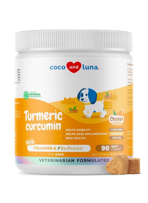 Turmeric Curcumin for Dogs - 90 Soft Chews - with Collagen, BioPerine and Fish Oil - Hip & Joint Support, Ease Inflammation, Antioxidant, Cardiovascular & Liver Support.