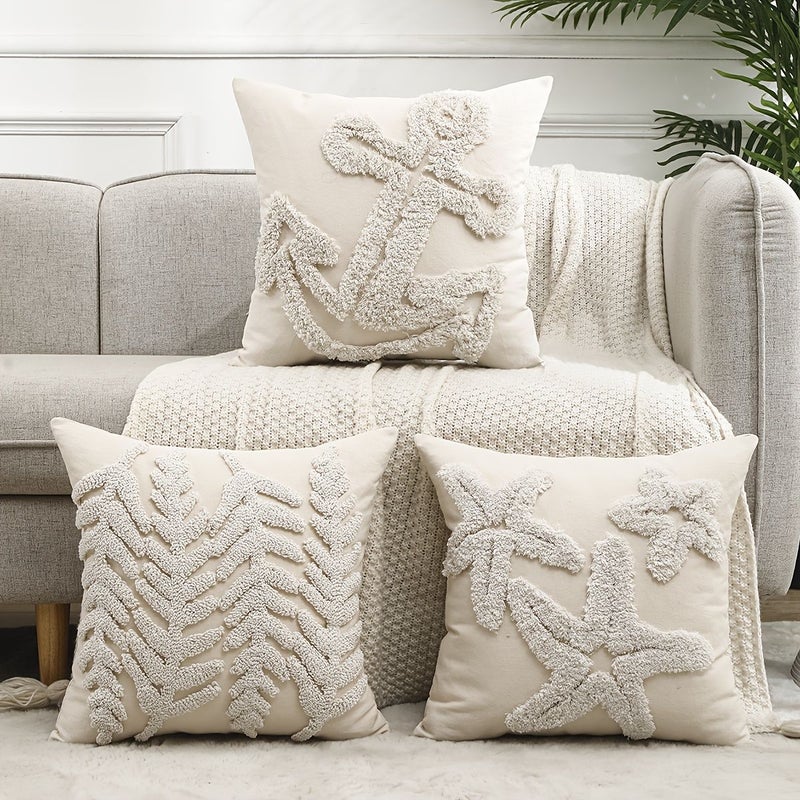 Beige Ocean Decor Throw Pillow Cover 18x18 Inch Starfish Tufted Canvas - Image 1