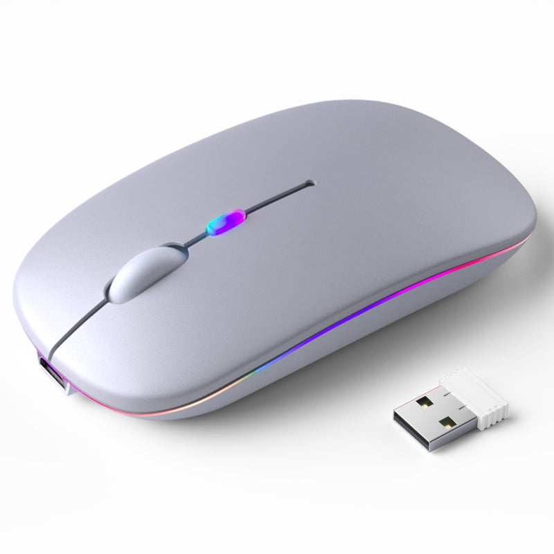 KANMABPC Wireless Bluetooth Mouse â€“ Rechargeable, Silent, Dual Mode (Bluetooth 5.2 & USB) with LED Lights â€“ Portable for Laptop, Desktop, & Tablet(Silver) - Image 1