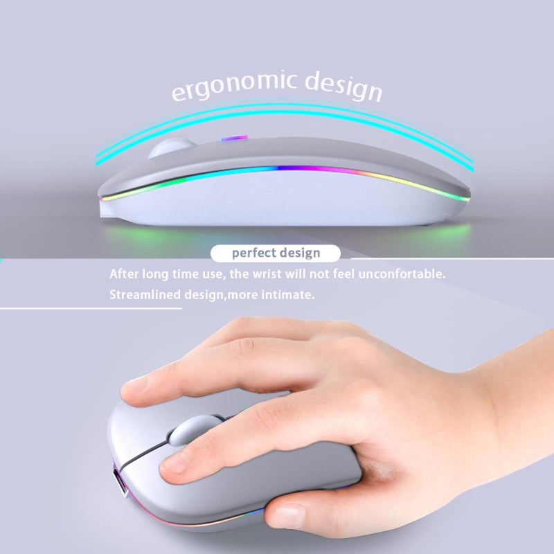 KANMABPC Wireless Bluetooth Mouse â€“ Rechargeable, Silent, Dual Mode (Bluetooth 5.2 & USB) with LED Lights â€“ Portable for Laptop, Desktop, & Tablet(Silver) - Image 5