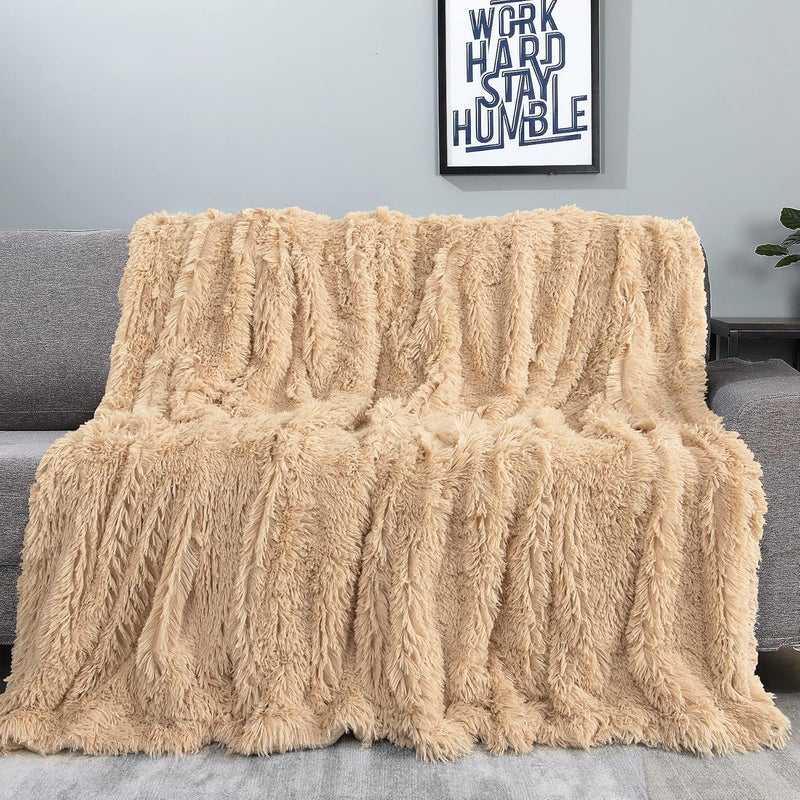 Tuddrom Decorative Extra Soft Faux Fur Blanket Queen Size 80" x 90",Solid Reversible Fuzzy Fluffy Cozy Plush Fleece Comfy Microfiber Fur Blanket for Couch Sofa Bed,Apricot - Image 2