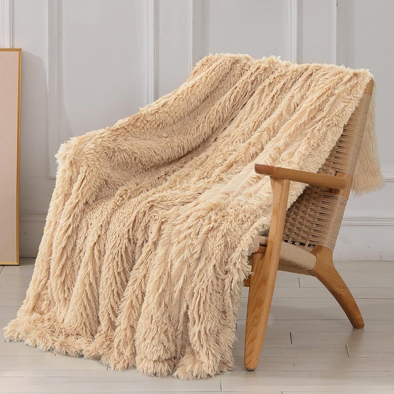 Tuddrom Decorative Extra Soft Faux Fur Blanket Queen Size 80" x 90",Solid Reversible Fuzzy Fluffy Cozy Plush Fleece Comfy Microfiber Fur Blanket for Couch Sofa Bed,Apricot - Image 1