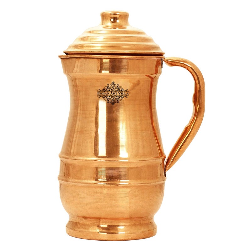 Indian Art Villa Pure Copper Plain Maharaja Designer Jug Pitcher with Lid 1280 ML Health Benefits Water Storage Serving for Home Hotel Restaurant - Image 2