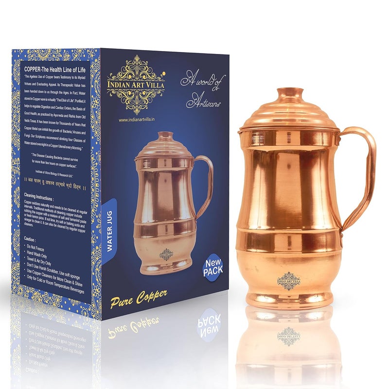 Indian Art Villa Pure Copper Plain Maharaja Designer Jug Pitcher with Lid 1280 ML Health Benefits Water Storage Serving for Home Hotel Restaurant - Image 1