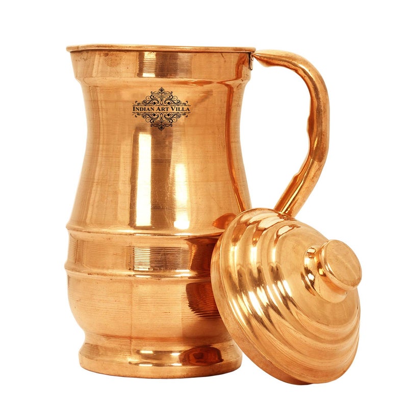 Indian Art Villa Pure Copper Plain Maharaja Designer Jug Pitcher with Lid 1280 ML Health Benefits Water Storage Serving for Home Hotel Restaurant - Image 3