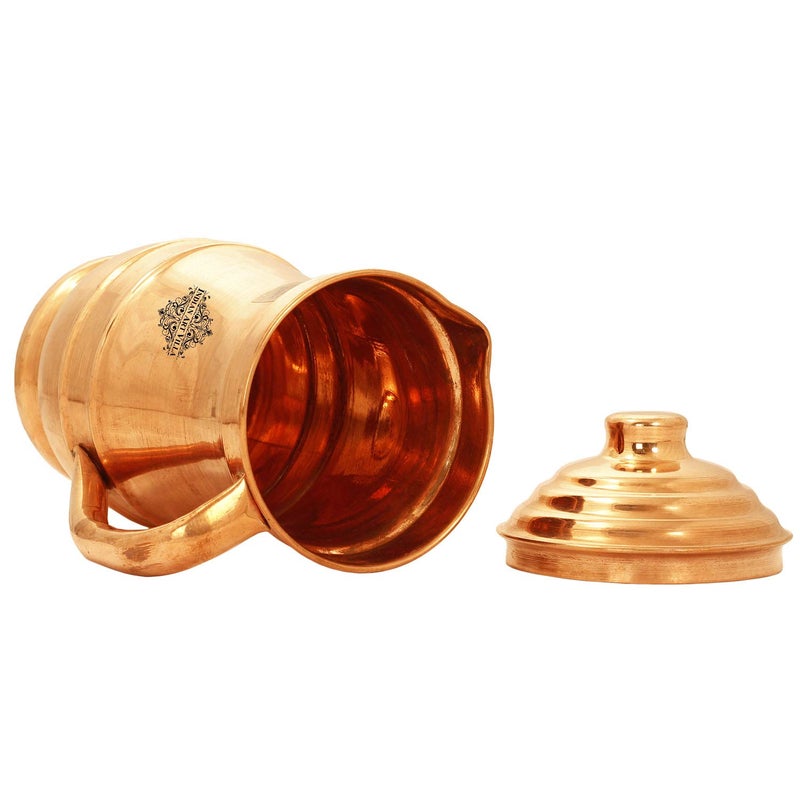 Indian Art Villa Pure Copper Plain Maharaja Designer Jug Pitcher with Lid 1280 ML Health Benefits Water Storage Serving for Home Hotel Restaurant - Image 4