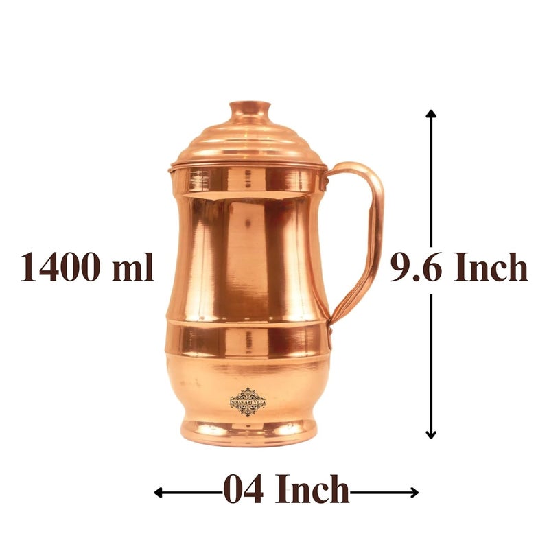 Indian Art Villa Pure Copper Plain Maharaja Designer Jug Pitcher with Lid 1280 ML Health Benefits Water Storage Serving for Home Hotel Restaurant - Image 5