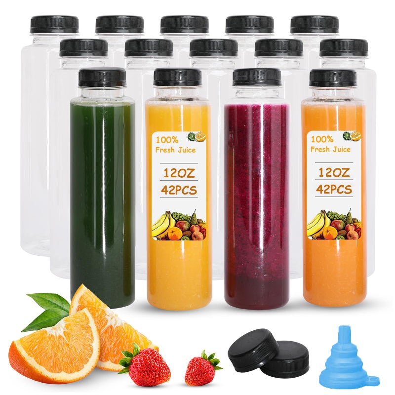 Holotap 42 Pcs 12 OZ Juice Bottles with Caps Bulk, Empty Plastic Bottles with Black Tamper Evident Lids for Juicing, Protein Drinks and Other Beverage Drink Containers (Black, 12OZ) - Image 1