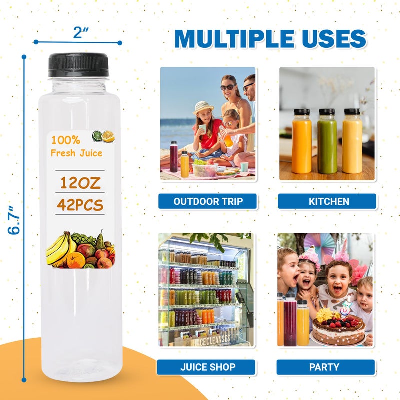 Holotap 42 Pcs 12 OZ Juice Bottles with Caps Bulk, Empty Plastic Bottles with Black Tamper Evident Lids for Juicing, Protein Drinks and Other Beverage Drink Containers (Black, 12OZ) - Image 2