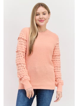 INC Women Round Neck Long Sleeve Textured Sweater, Peach  - Image 1