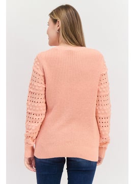 INC Women Round Neck Long Sleeve Textured Sweater, Peach  - Image 3