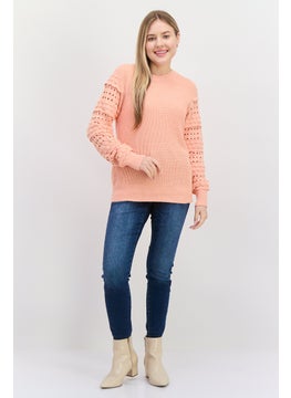 INC Women Round Neck Long Sleeve Textured Sweater, Peach  - Image 4