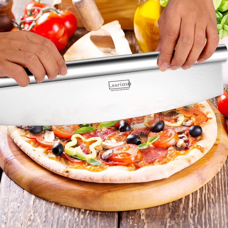 Lsarimo 14 inch Pizza Cutter Rocker Knife with Super Sharp Stainless Steel Blade Pizza Slicer Knife Pizza Making Tools Oven Accessories Dishwasher Safe Silver - Image 3