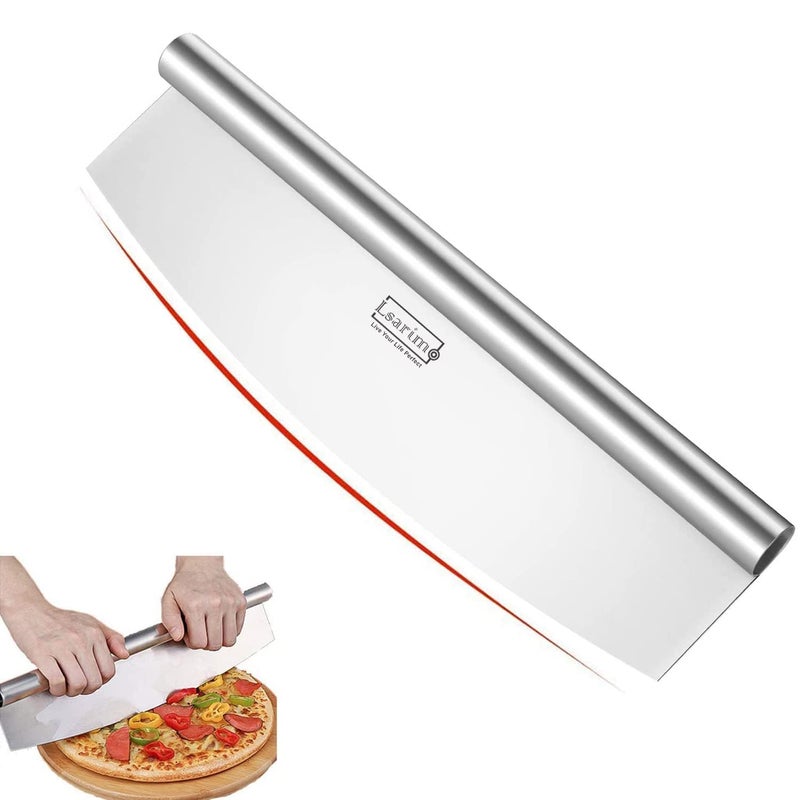 Lsarimo 14 inch Pizza Cutter Rocker Knife with Super Sharp Stainless Steel Blade Pizza Slicer Knife Pizza Making Tools Oven Accessories Dishwasher Safe Silver - Image 1