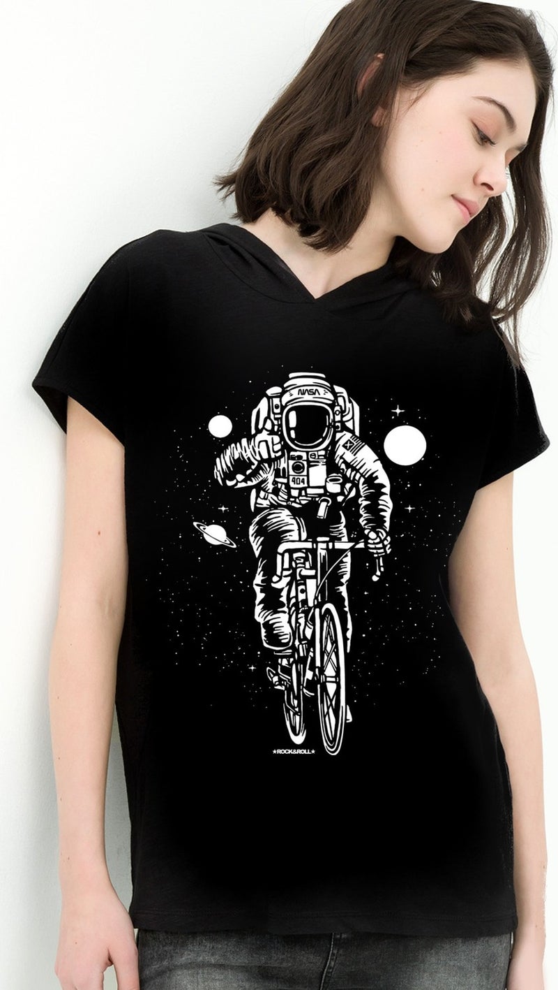 Rock & Roll Bicycle Astronaut Black Hooded Short Sleeve Women's T-Shirt
