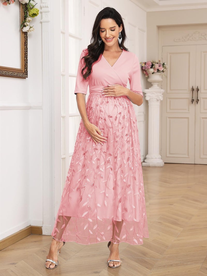 AISWI Maternity Dress Wrap V Neck A Line Elbow Sleeve Baby Shower Pregnancy Dresses for Photoshoot 2025, Light Pink, XL - Image 5