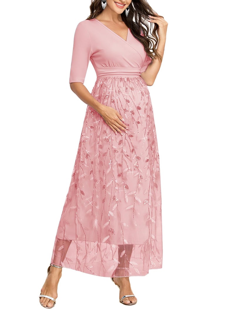 AISWI Maternity Dress Wrap V Neck A Line Elbow Sleeve Baby Shower Pregnancy Dresses for Photoshoot 2025, Light Pink, XL - Image 1